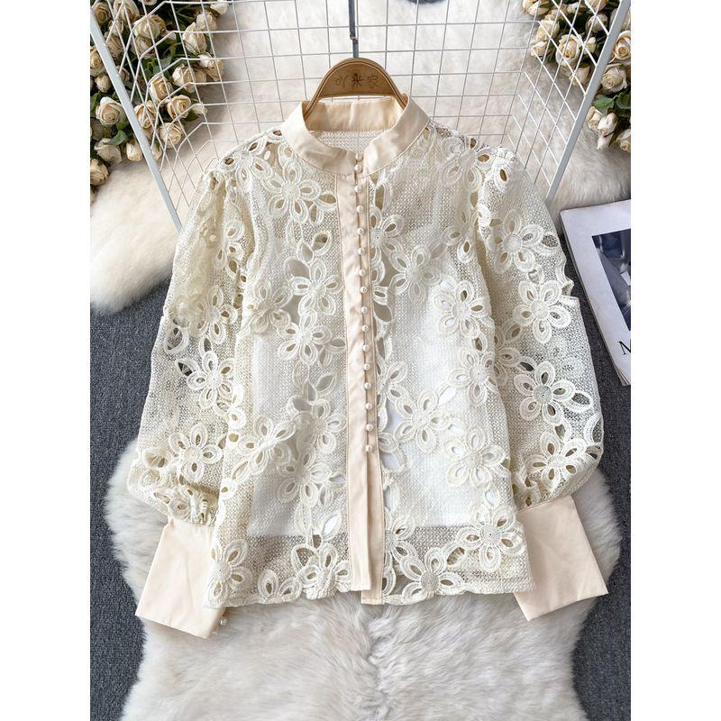 

Long Sleeves Stand Collar Loose Single-Breasted Hollowed Leisure Shirt Apricot color One size