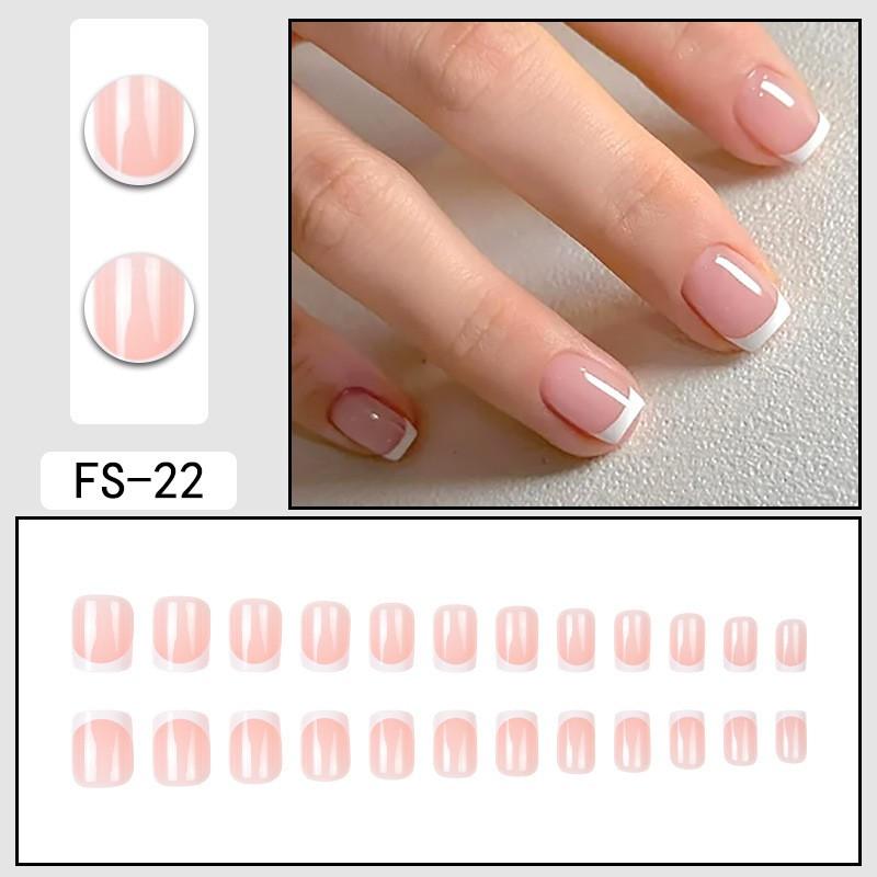Reusable Press-On Nails Short Square French Style With Plaid Gel Glue Or Jelly Adhesive Women
