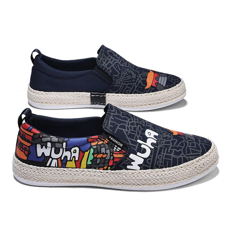 2022 Fashion Black Printed Summer Slip-On Men'S Canvas Shoes Breathable Platform Flat Shoes For Men Comfort Men'S Loafers Casual