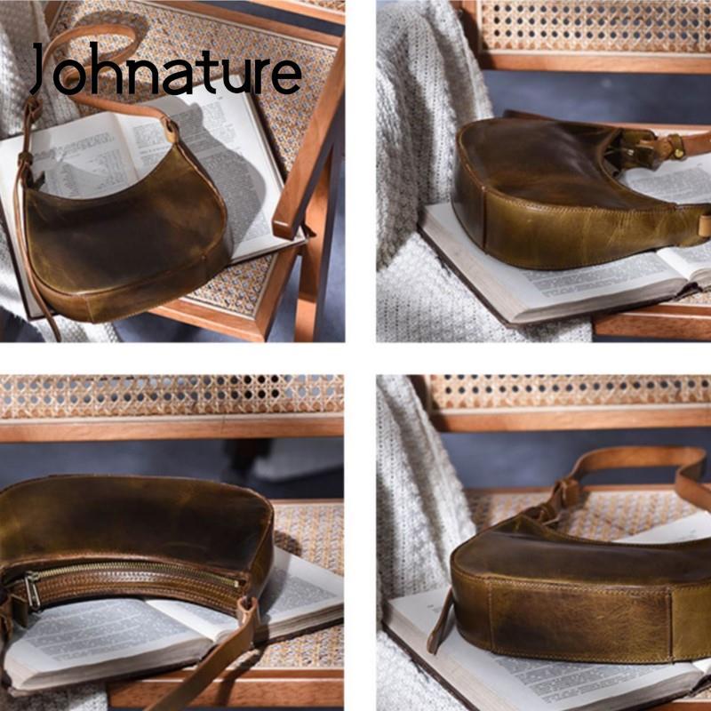 Johnature Vintage ručně vyráběná taška na sedlo z pravé kůže Módní taška do podpaží Univerzální dámské kabelky přes rameno a crossbody