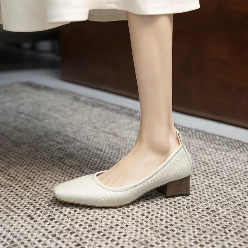 Women's low heeled shoes Soft leather non-abrasive toe single shoes-Office shoes