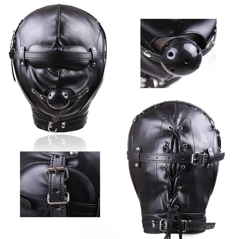 PU Leather Total Sensory Deprivation Full Head Bondage Hood Headgear Mouth Open Lockable Gimp Bondage  Sex Toy for Couple