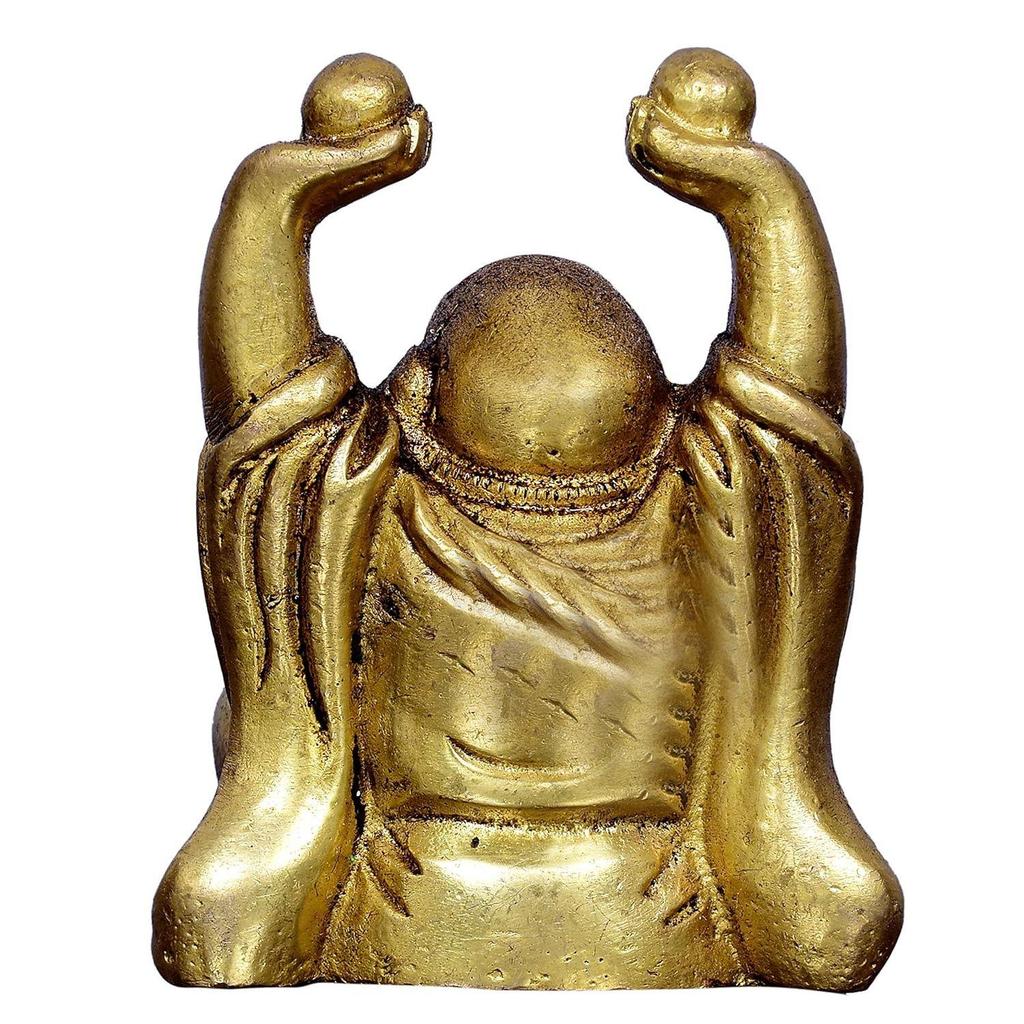 Vintage Lachende Buddha Statue aus massivem Messingmetall: Bote des Wissens und des Reichtums - Als Heimdeko-Prunkstück für Feng-Shui verwenden, Goldene Oberfläche