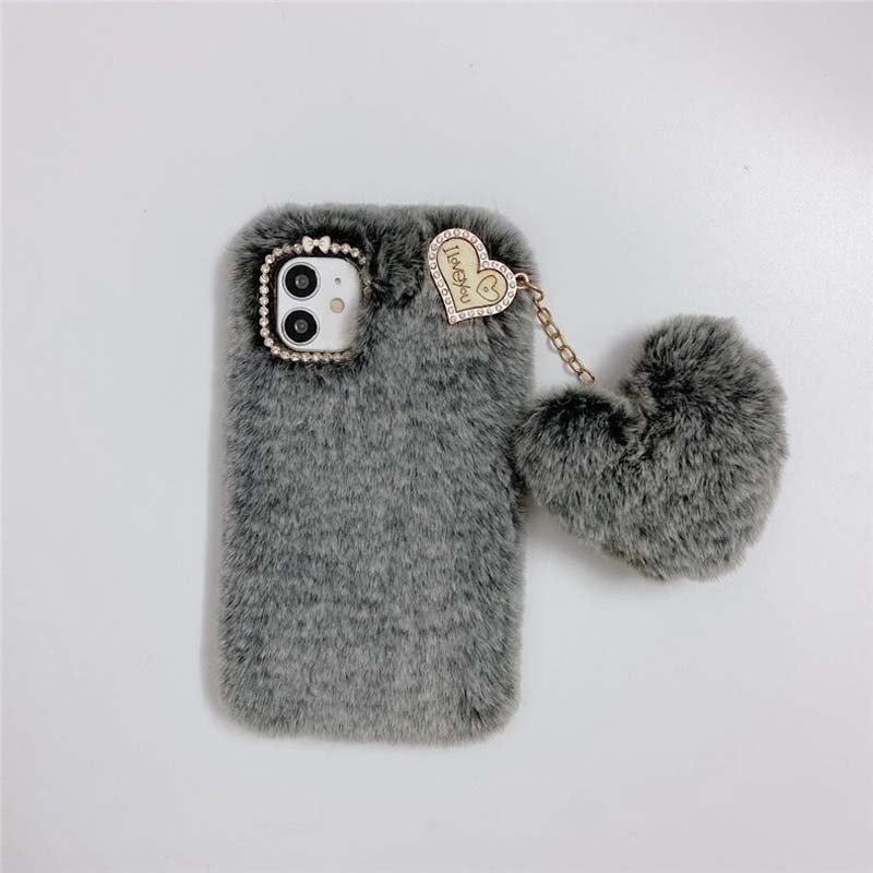 Lovely Love Heart Design Autumn and Winter Long Plush TPU Mobile Phone Cover Case for Iphone X Xr Xs 11 12 13 14 15 16 Pro Max