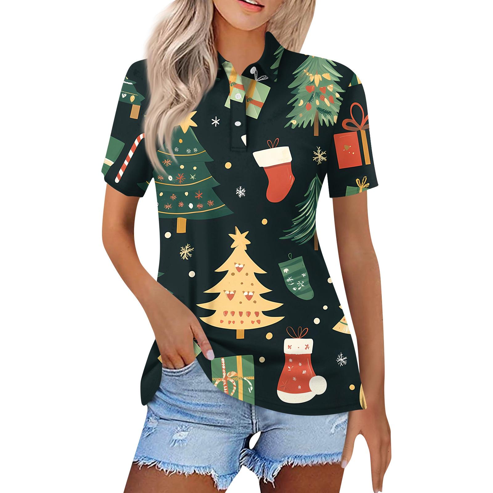 

Женская модная повседневная рубашка с лацканами и короткими рукавами с рождественским принтом, женские топы на пуговицах L темно-зеленого