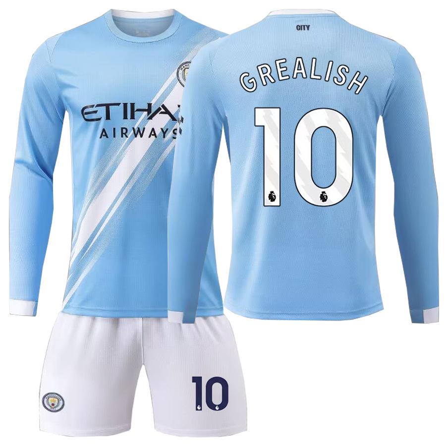 Set Maglia a Maniche Lunghe da Casa per Bambini del Manchester City: Haaland #9, Foden #47, Mahrez #7.