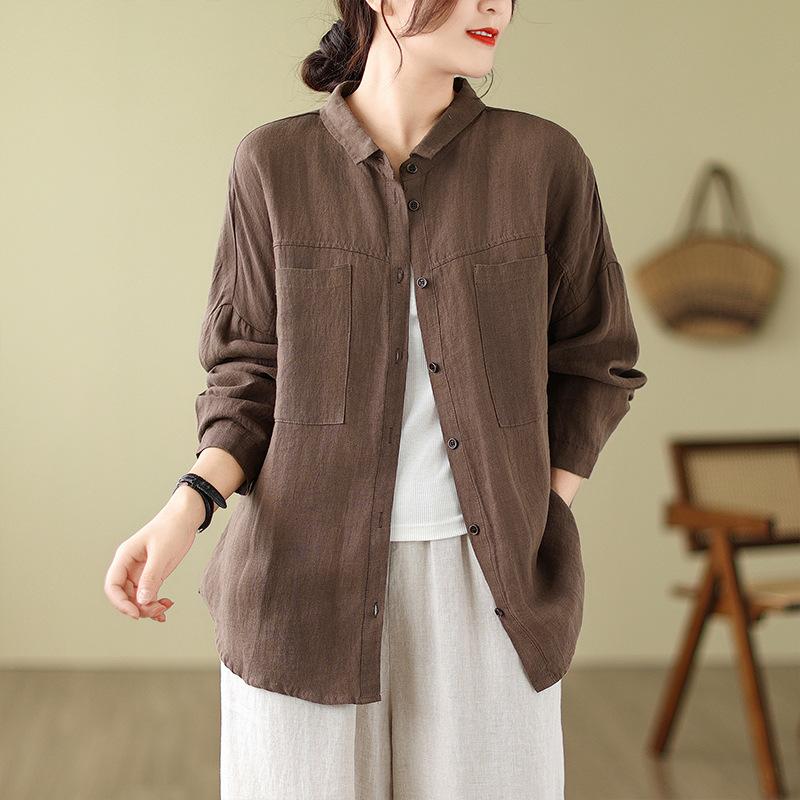 Autumn Cotton Linen Blouses & Shirts Lapel Artistic Loose Casual Long Sleeved Cardigan Solid Color Shirt for Women