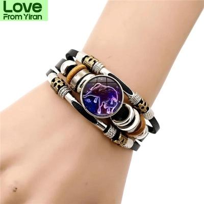 Leuchtendes 12 Sternbild Vintage Armband Sternzeichen Druckknopf Mehrschichtiges Leder Armreif Männer Schmuck Geburtstagsgeschenke