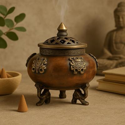 Brûleur d'encens en laiton tibétain, Pot aux Six Symboles