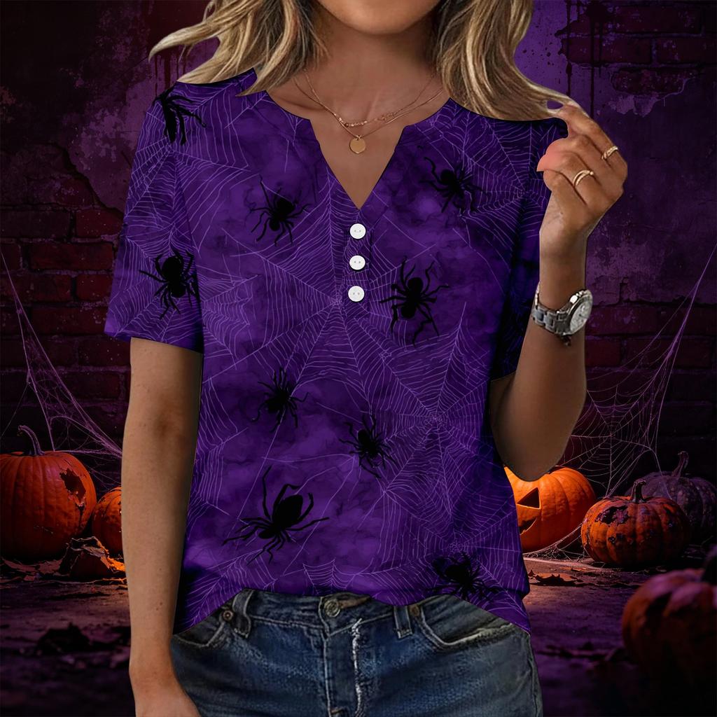 Women V Neck Short Sleeve T Shirt with Decorative Buttons Halloween Pumpkin Printed Casual Loose Fit Top for Daily Wear