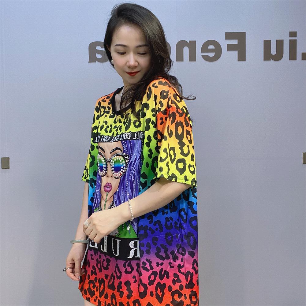 Fashion Leopard Print T Shirts Women Summer Clothes Casual Character Pattern Diamonds Beading Short Sleeve Tops