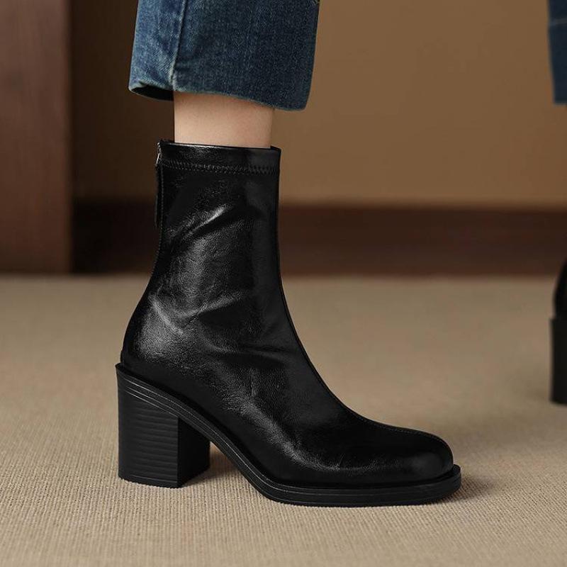 Autumn and Winter Women's High-heeled Leather Boots Solid Color Rubber Sole Versatile Martin Boots Rear Zipper Square Heel Elastic Medium Boots Women