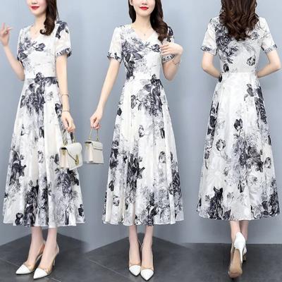 Damen Sommer Fließendes Chiffon Maxi Kleid Lässig Kurzarm V-Ausschnitt Langes Kleid Boho Floral Strandkleid