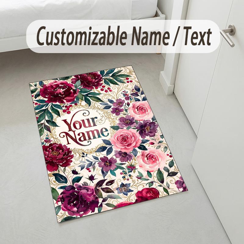 Floral Garden Theme Crystal Velvet Rug Personalized Custom Name Text Soft Floor Mat Home Decor