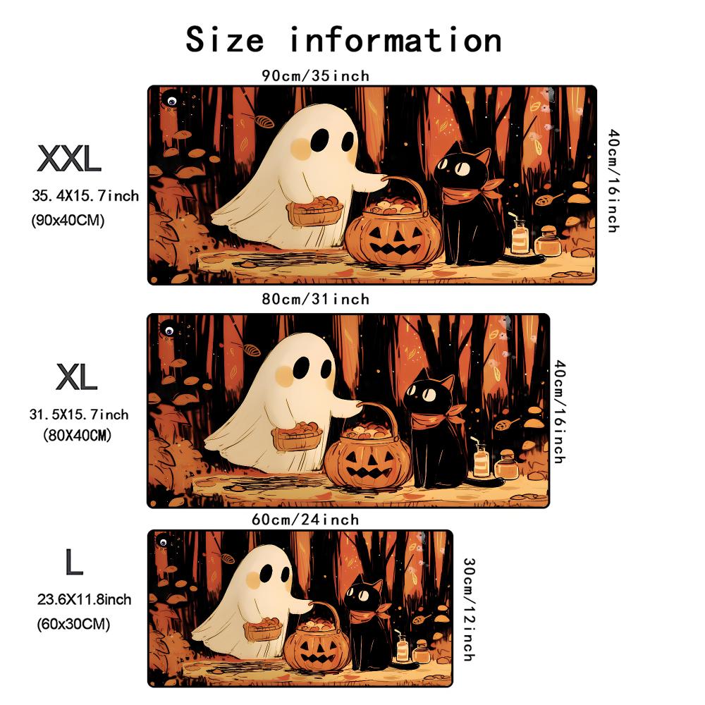 Halloween Cute Ghost Black Cat Pumpkin Forest Gaming Mouse Pad Non Slip Rubber Stitched Edge Mousepad Large Keyboard Desk Mat