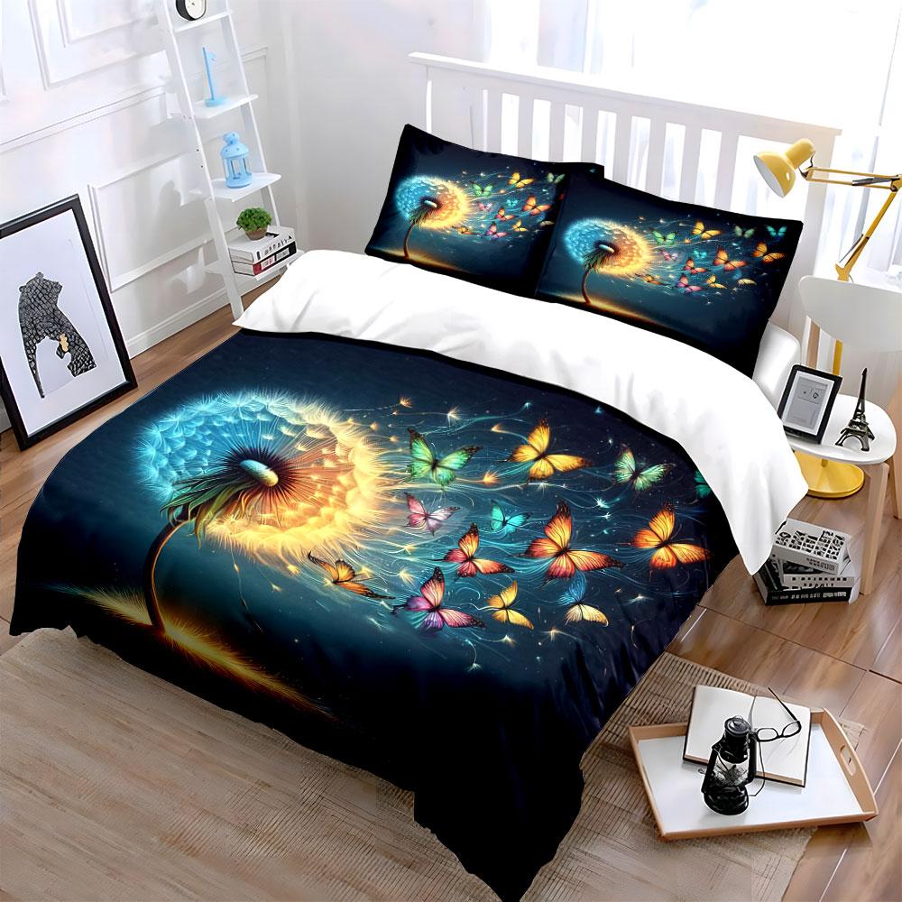 Butterfly Dandelion Art Decor Set Soft Comfortable Duvet Cover Bedding Set Included 1*Duvet Cover & 2*Pillowcases, Gift