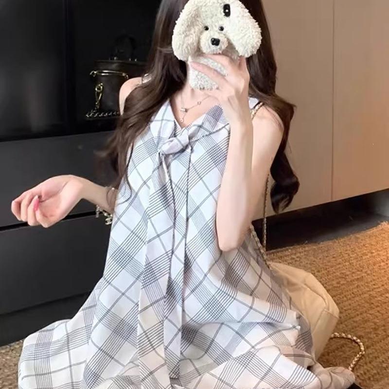 French Contrast Color Plaid Navy Neck Sleeveless Vest Dress Women's Summer Small Loose Age Reduction Casual Short Skirt