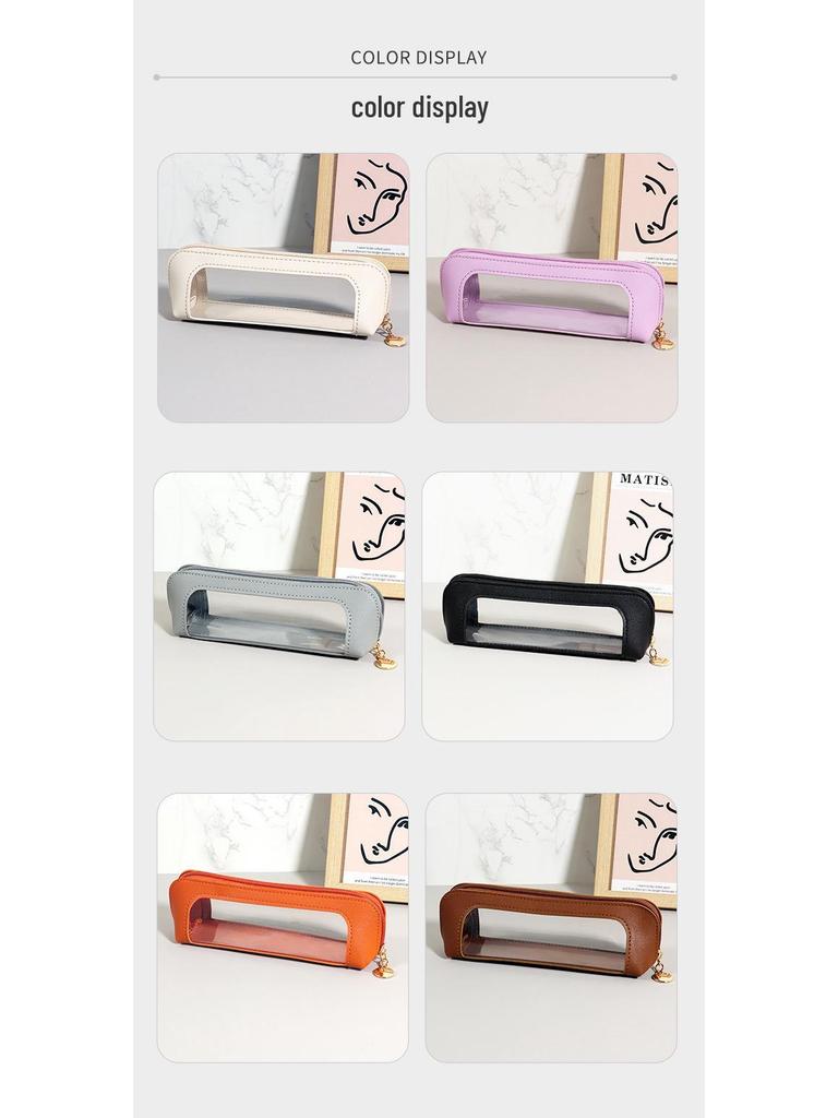 Transparent PU Leather Pencil Case with Window - 3D Stationery & Makeup Bag, Portable Storage Box