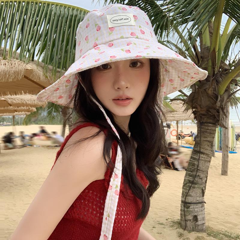 Small Fresh Plaid Flower Large Brim Fisherman Hat Children Spring and Summer Outdoor UV Protection Sunscreen Basin Hat