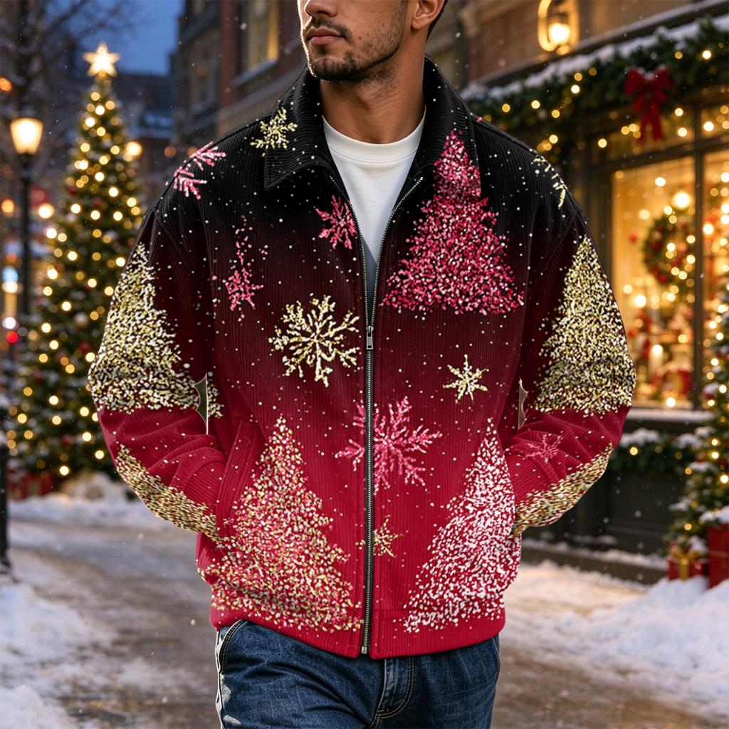 Men's Christmas Print Zip-Up Jacket with Collar, Loose Fit Casual Outerwear for Holiday Parties