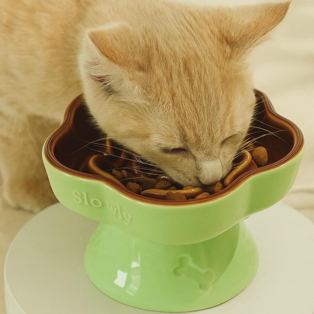 

Ceramic Pet High Foot Bowl Creative Pet Drinking Feeder Dog Feeding Basin Neck Protection зелений