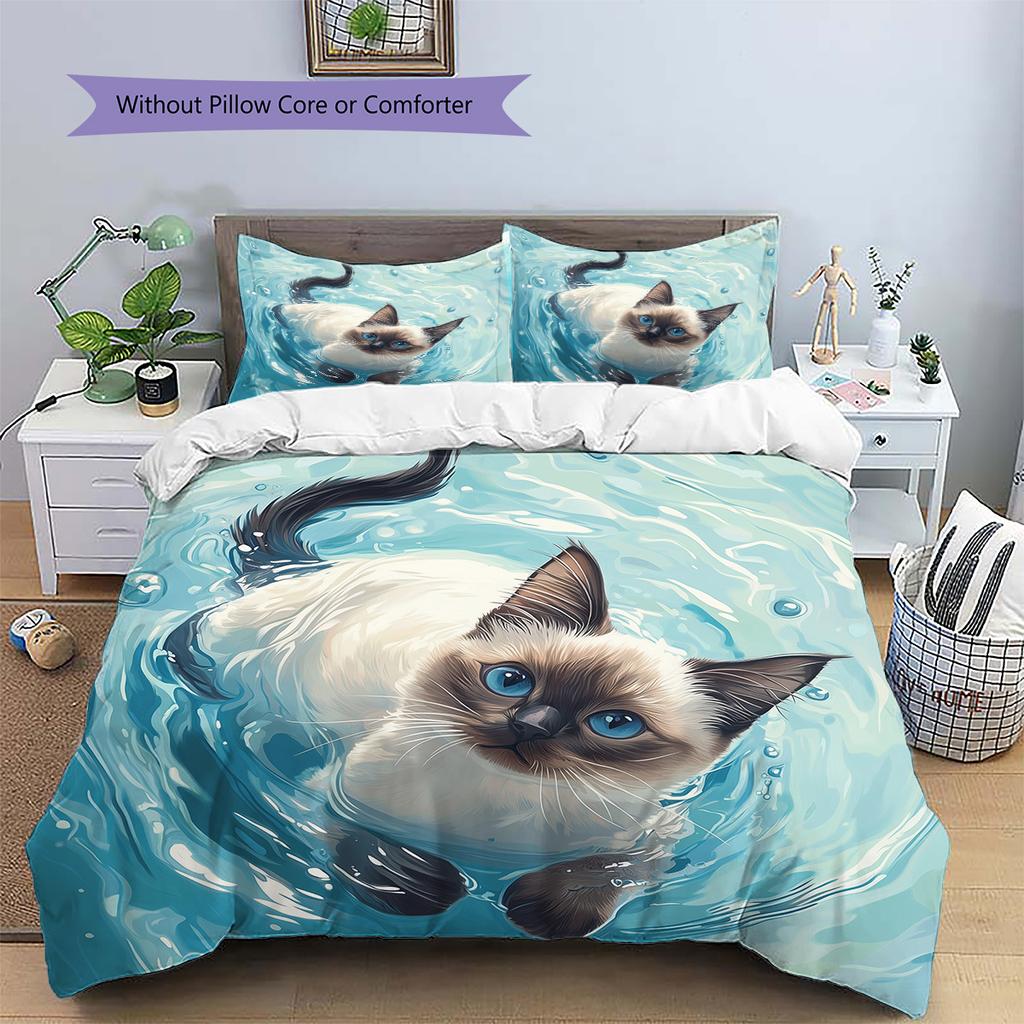 Cat with Water Ripple Pattern Pattern Bedding Quilt Set  Home Decoration  Gift (1 * duvet cover + 2 * pillowcase  without core)