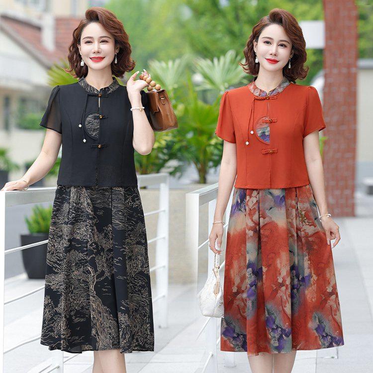 Stylish Chiffon Summer Dress for Middle-Aged & Elderly Women - Short Sleeve, Waist-Cinching Design