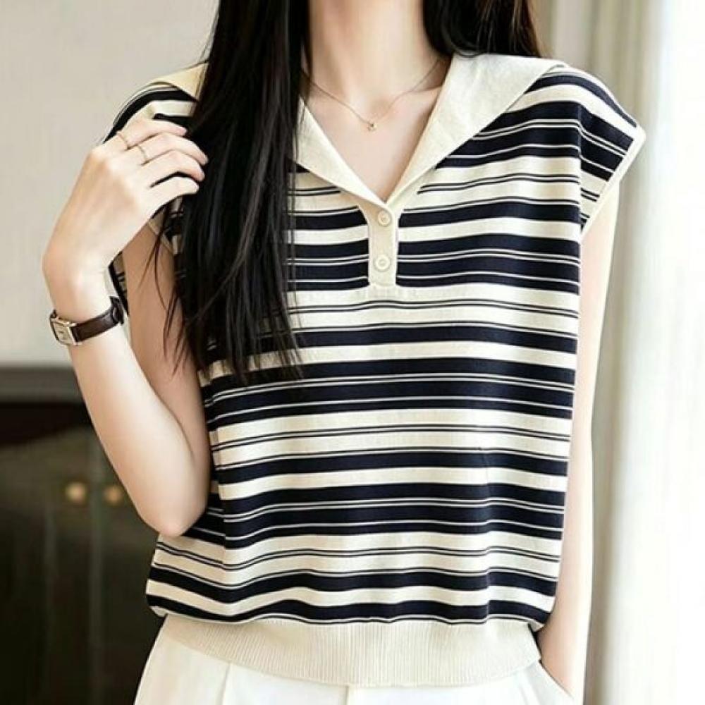 Navava Women Casual Daily STriped Collar Cap Sleeve KniT T shirT Nk3722