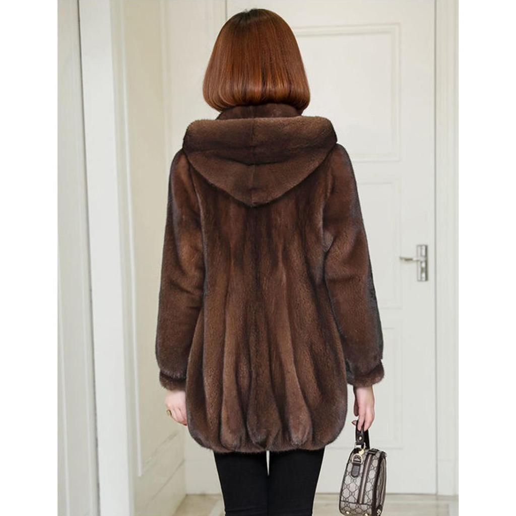 Hooded mid-length imitation mink fleece coat
