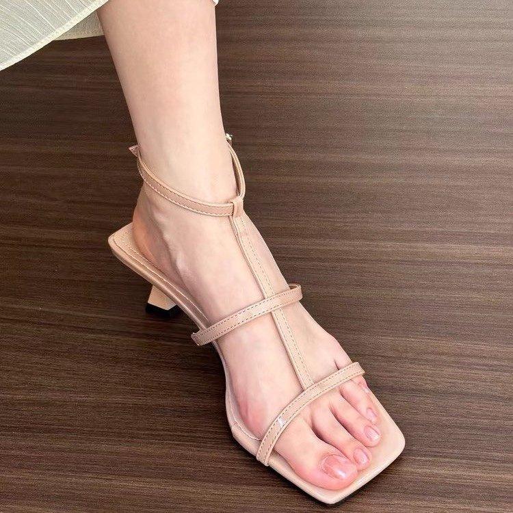 French Nude High Heels for Women's 2025 Spring New Square Head Stiletto with Roman Sandals, Thin Strap Sandals