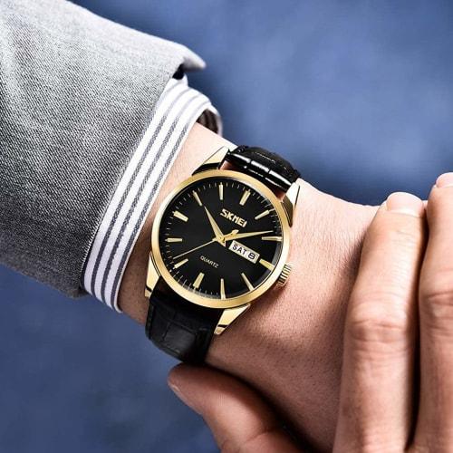 Popular couple's watches for men and women. Classic black leather strap, waterproof, luxury, perfect for weddings, anniversaries, or any special occas