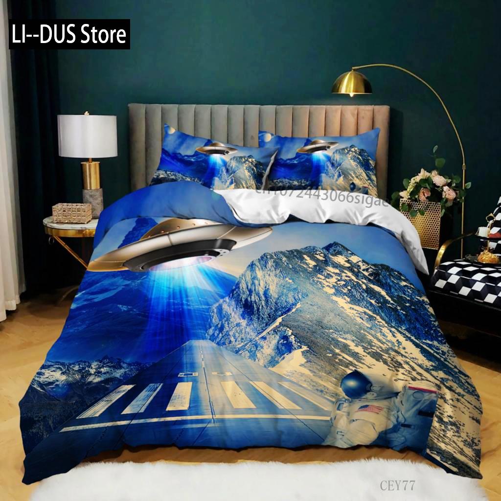 Sada povlaku na přikrývku na postel King z mikrovlákna s motivem vesmírné lodi a sci-fi, ložní souprava s astronautem a vesmírnou lodí na sněhové hoře, povlak na přikrývku