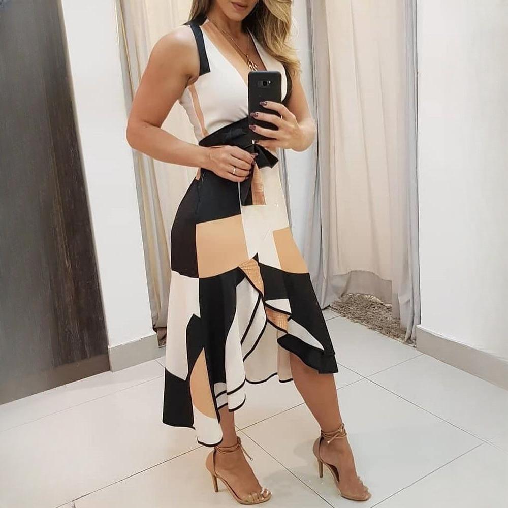 BITCED Women's Summer V-Neck Sleeveless Clashing Print Women's Dresses