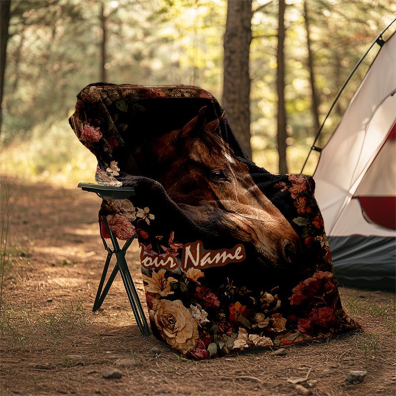 1PC Custom Name Horse Portrait Flowers Outdooor Flannel Blankets Patterns Throw Blanket All-Season Soft Gift for Couch, Bed, Camping Gifts