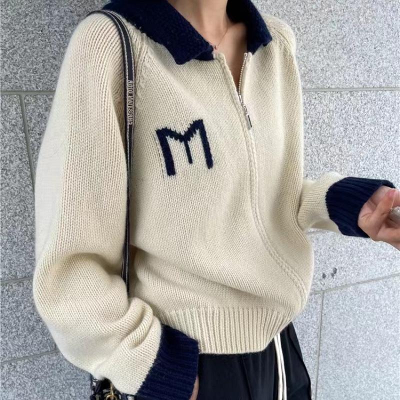IHUASU Autumn and Winter Casual Knitted Wool Cardigan Jacket Women's Casual POLO Neck Zip Cashmere Jumper