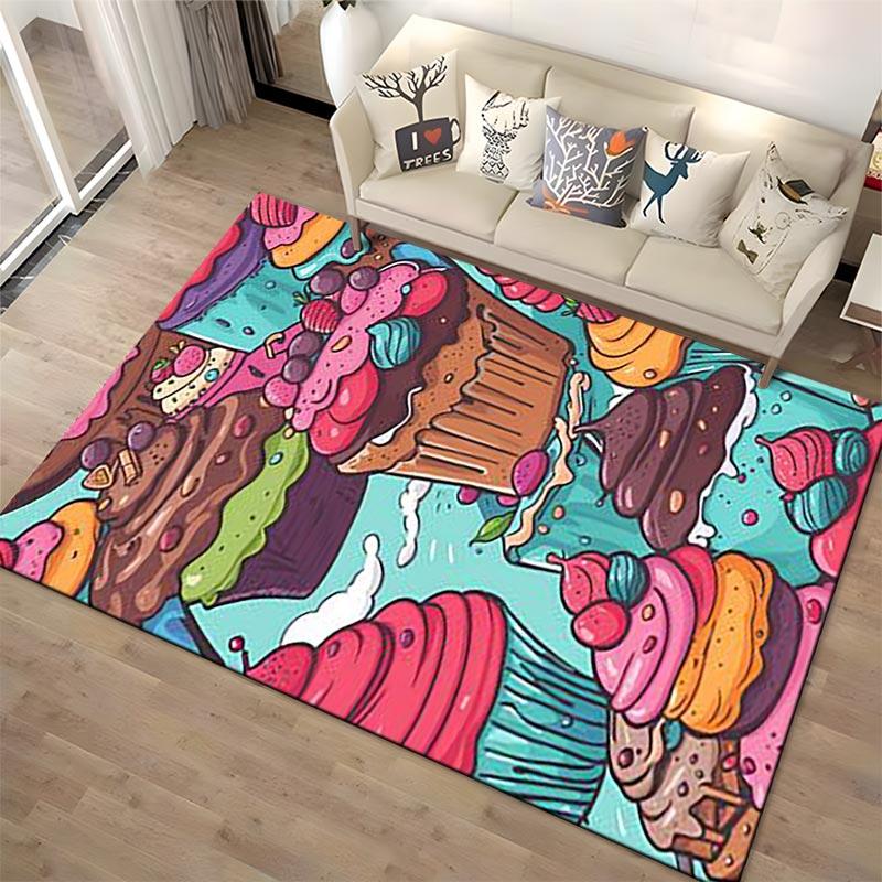 Colorful Cupcake and Dessert Pattern Carpet for Living Room Decor Suitable for use as an anti-slip for living room bedroom sofas