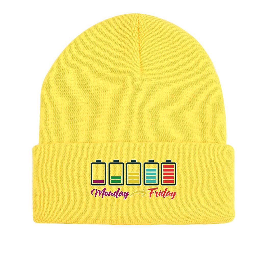 Monday Friday" Battery Print Knit Cap Beanie, Woman Cap Cancer Chemo Cozy Trendy Bobble Hat Knitted Hat Beanie
