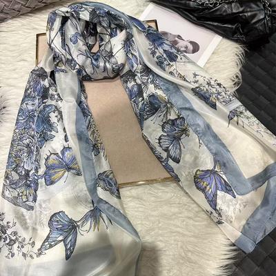Bysifa|Blau Weiß Seidenschal Schal Herbst Winter Damen Lange Schals Schmetterlinge Design Sommer Damen Strand Seidenwickel Foulard