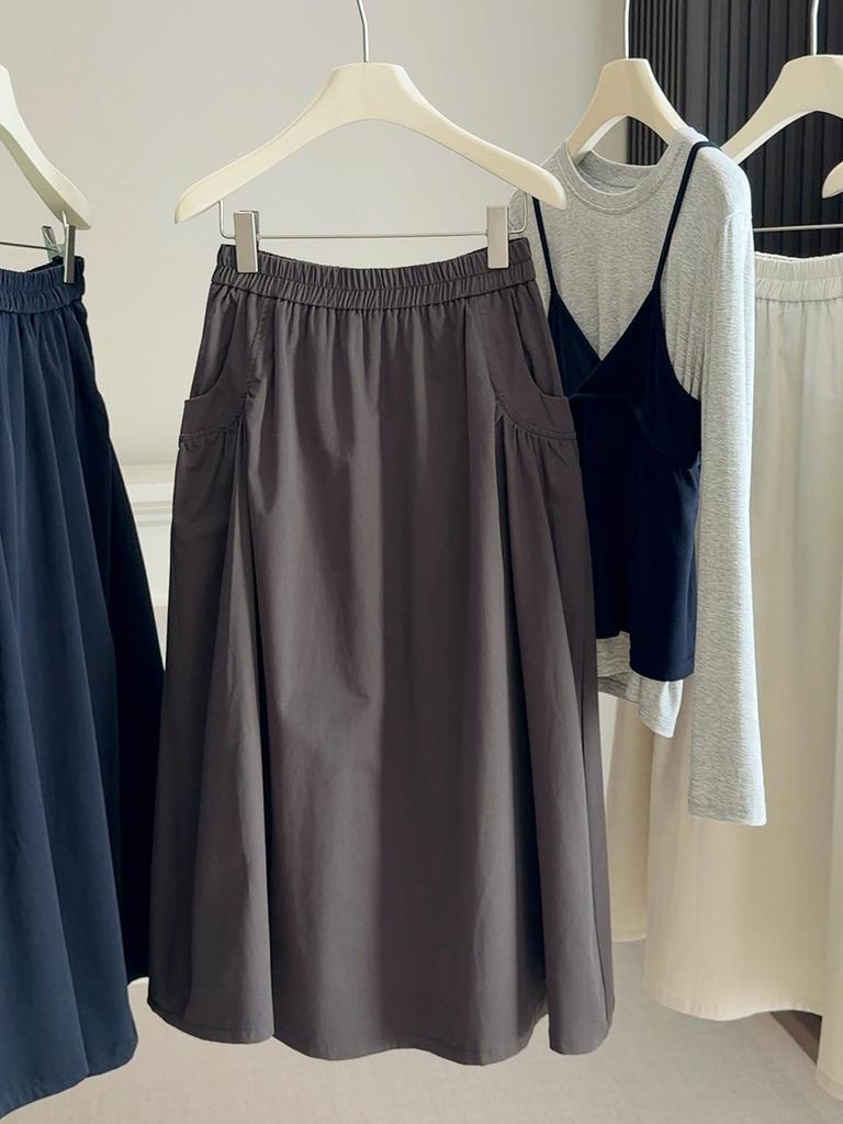 2026 Women's Mid-Length A-Line Skirt – Elastic Waist with Pockets, Loose Fit for Spring/Autumn