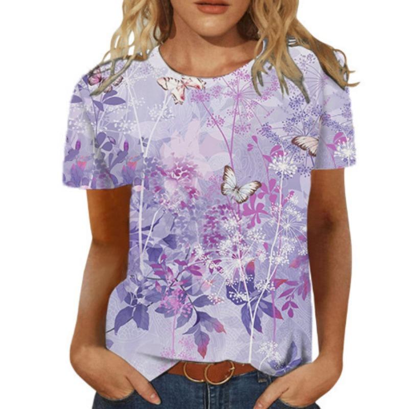 Summer Round Neck 3D Floral Pattern Printed Top Fashionable Casual Short Sleeved Women's T-shirt