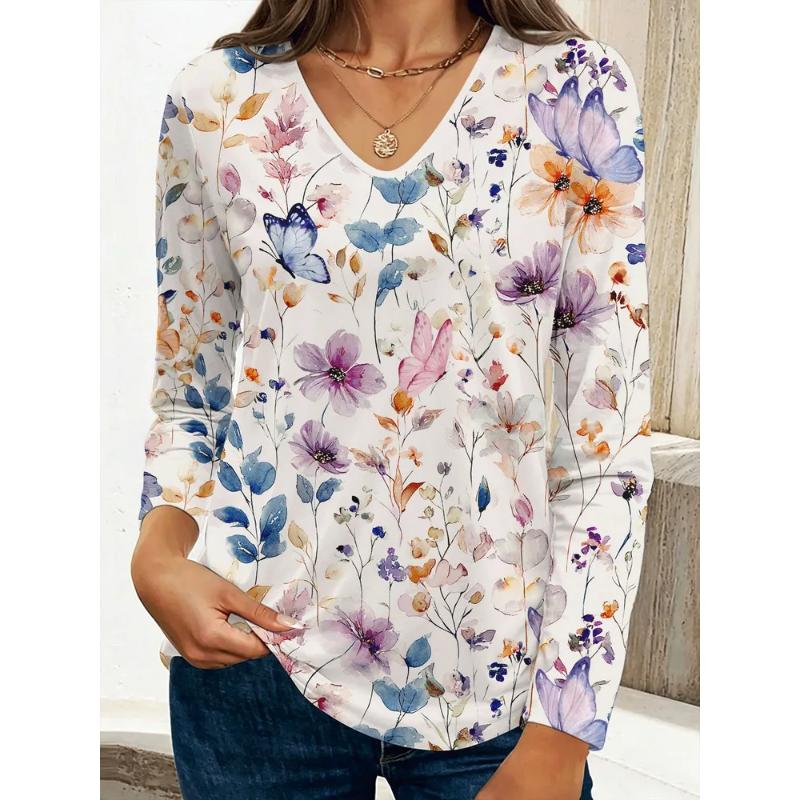 Fashion Women's V-Neck Long Sleeve 3D Casual Color Printing Casual Long Sleeve V-Neck T-Shirt