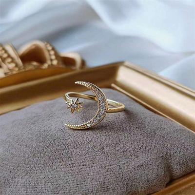 Yousheng Women Open Ring Moon Star Shape Rhinestone Adjustable Ring Prom Party Lady Knuckle Ring Birthday Gift Polished Index Finger Ring Jewelry