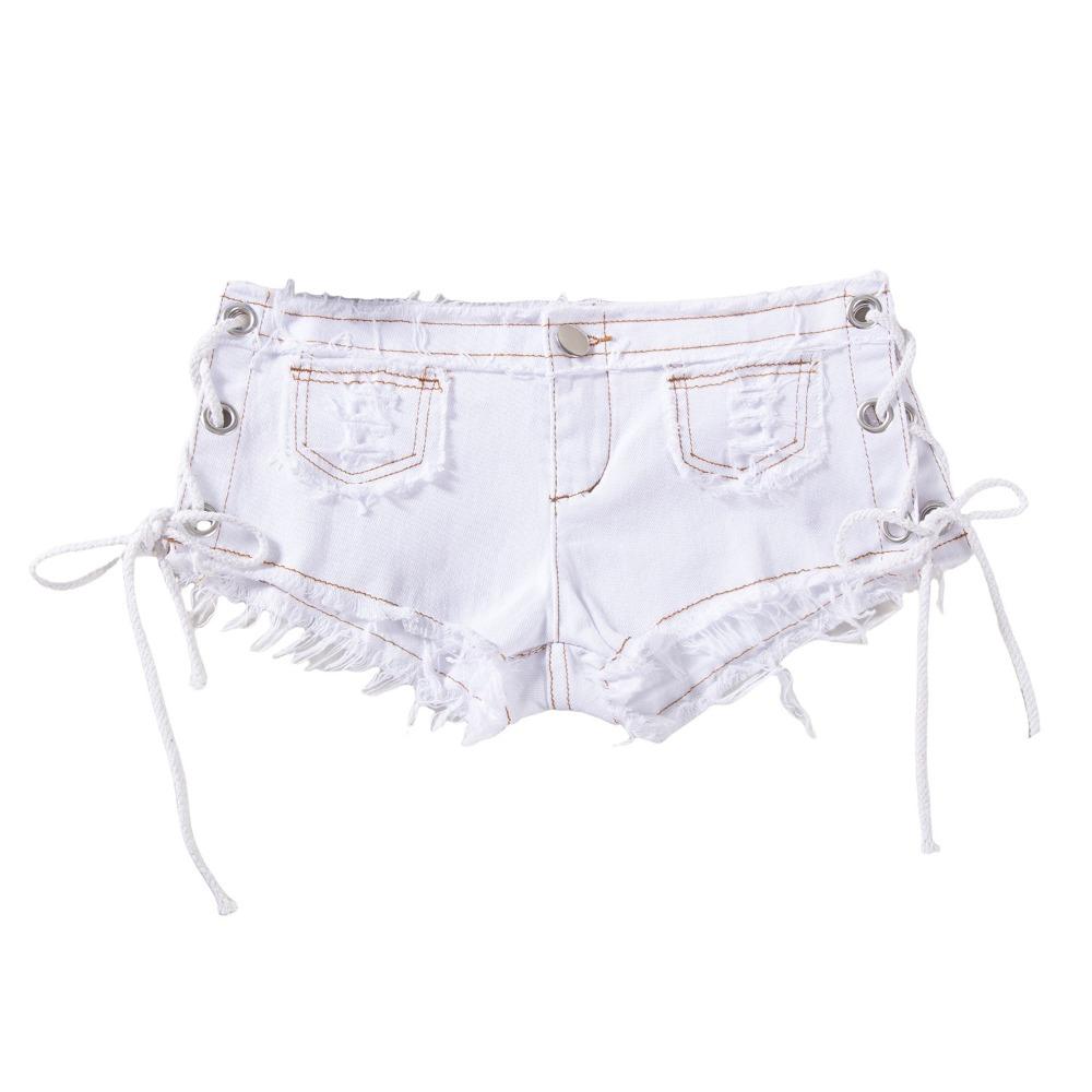 Pantaloncini di Jeans da Donna a Vita Media con Lacci Laterali Cutout Vestibilità Slim Hot Pants Alta Elasticità Orlo Grezzo Sfilacciato per Street Club Party