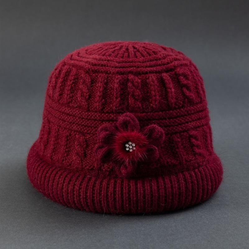 Middle-aged and Elderly Floral Knitted Thick Velvet Winter Hat