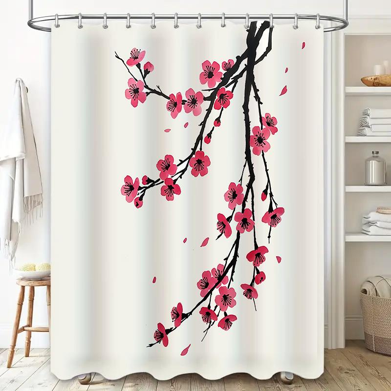 Elegant Japanese Cherry Blossom Shower Curtain Waterproof With Black Branches Decor For Bathroom Space Adds Nature Serenity