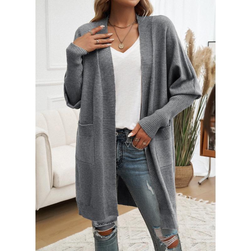 Women Bat Sleeve Cardigan Solid Color Knit Sweater Cardigan Coat