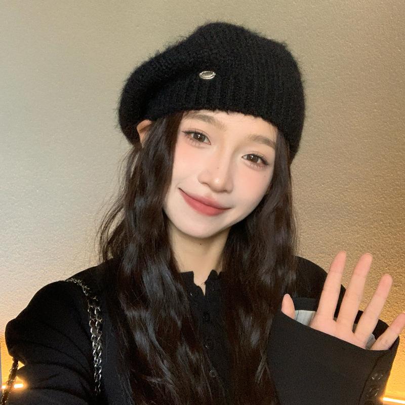 Korean Version of Autumn and Winter Hat for Women's Metal Small Label Knitted Beret Solid Color Versatile Warm Wool Hat Thick New