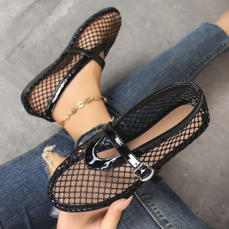Women s Woven Fishnet Ballet Flats Mesh Mary Jane Shoes Dressy Non-Slip Round Closed Toe Comfortable Buckle Strap Casual Summer Mesh Flats for Women 36