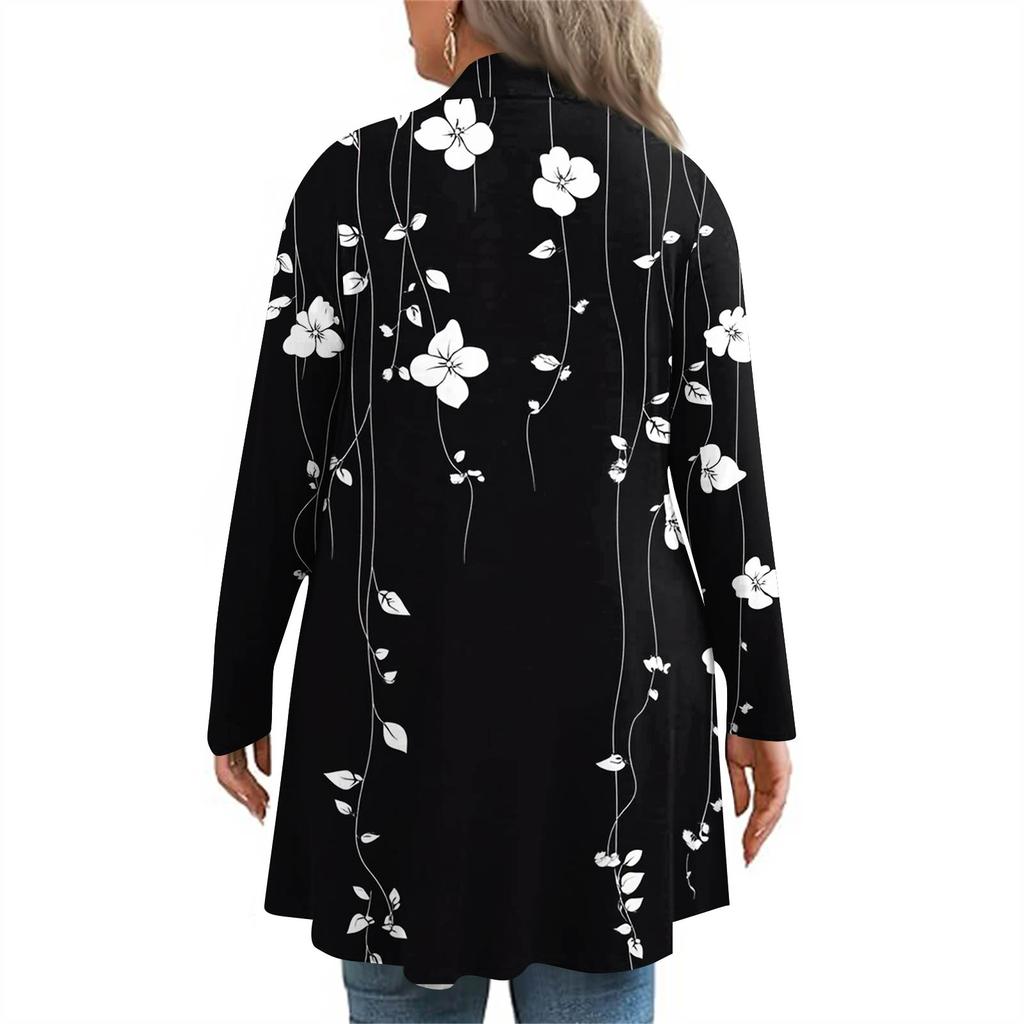 Damen Herbst- und Wintermode Lässiger Print Langarm Mittellange Strickjacke Jacke