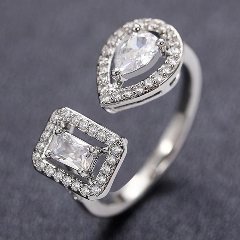 Huitan Geometric Shaped Cuff Opening Rings for Women Copper Color/Gold Color Noble Cubic Zirconia Ring Accessory Fashion Zircon